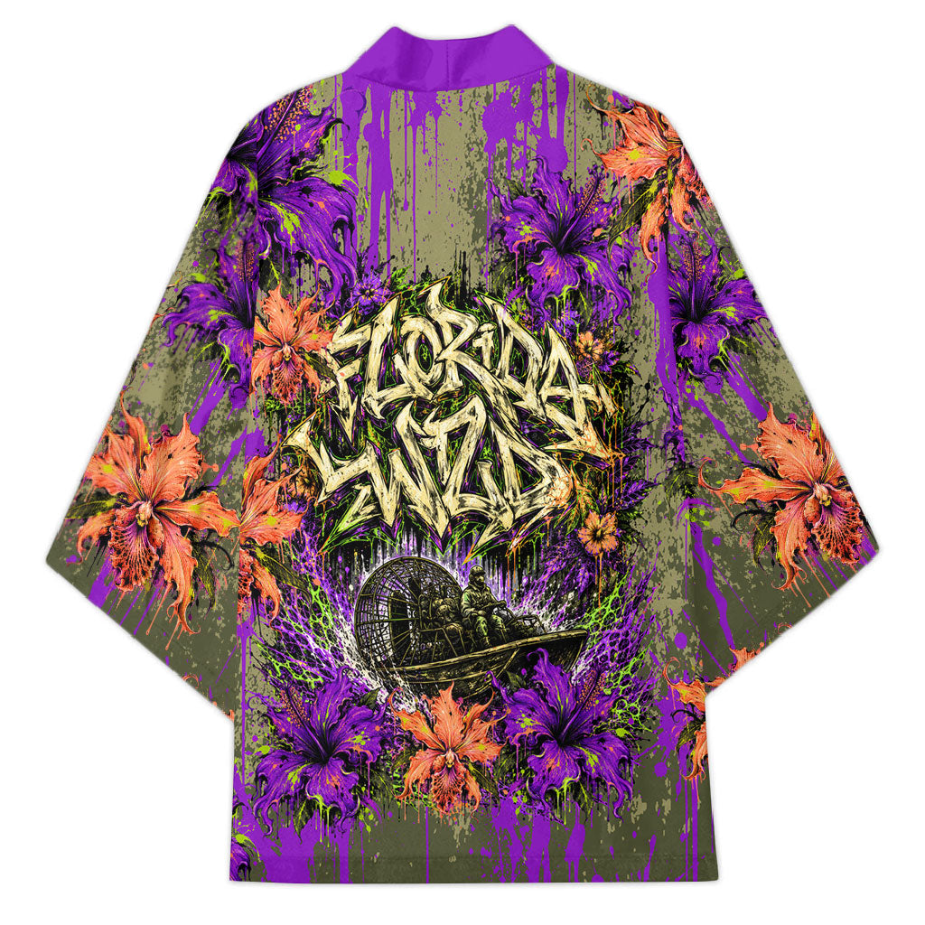 Florida Gator Wild Airboat Kimono Tropical Hibiscus Floral Graffiti Paint Splatter Art