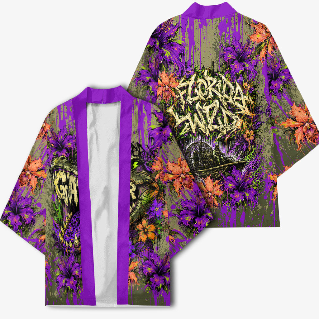 Florida Gator Wild Airboat Kimono Tropical Hibiscus Floral Graffiti Paint Splatter Art