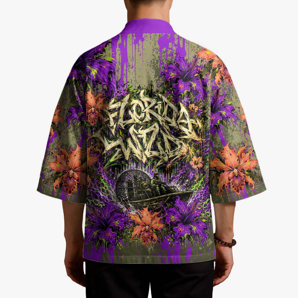 Florida Gator Wild Airboat Kimono Tropical Hibiscus Floral Graffiti Paint Splatter Art