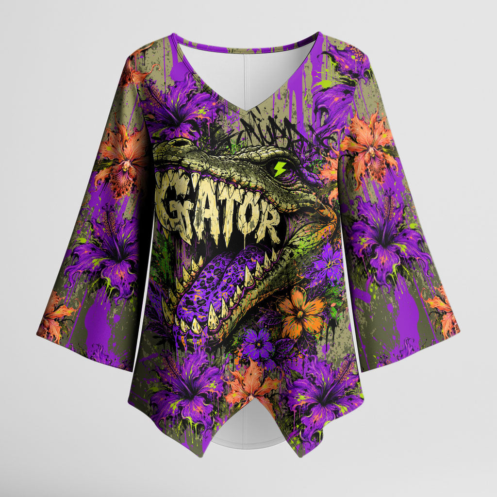 Florida Gator Wild Airboat Kimono Sleeve Blouse Tropical Hibiscus Floral Graffiti Paint Splatter Art
