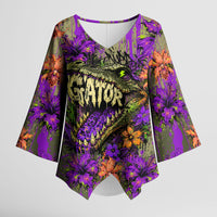 Florida Gator Wild Airboat Kimono Sleeve Blouse Tropical Hibiscus Floral Graffiti Paint Splatter Art