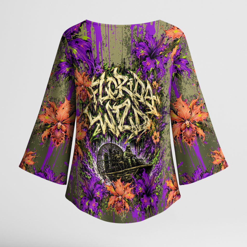 Florida Gator Wild Airboat Kimono Sleeve Blouse Tropical Hibiscus Floral Graffiti Paint Splatter Art