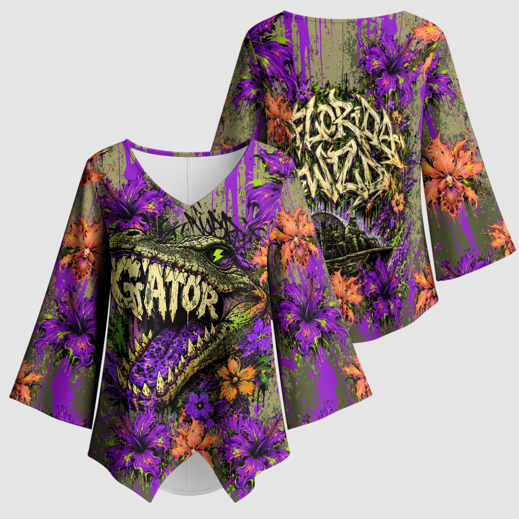 Florida Gator Wild Airboat Kimono Sleeve Blouse Tropical Hibiscus Floral Graffiti Paint Splatter Art