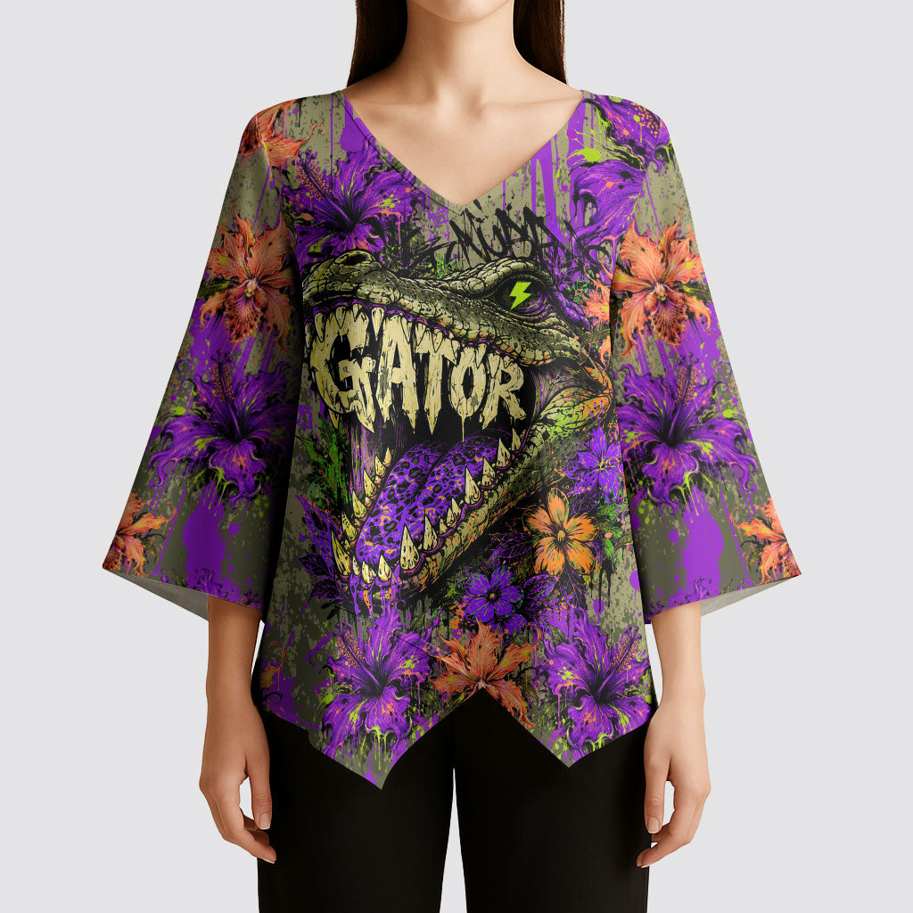 Florida Gator Wild Airboat Kimono Sleeve Blouse Tropical Hibiscus Floral Graffiti Paint Splatter Art