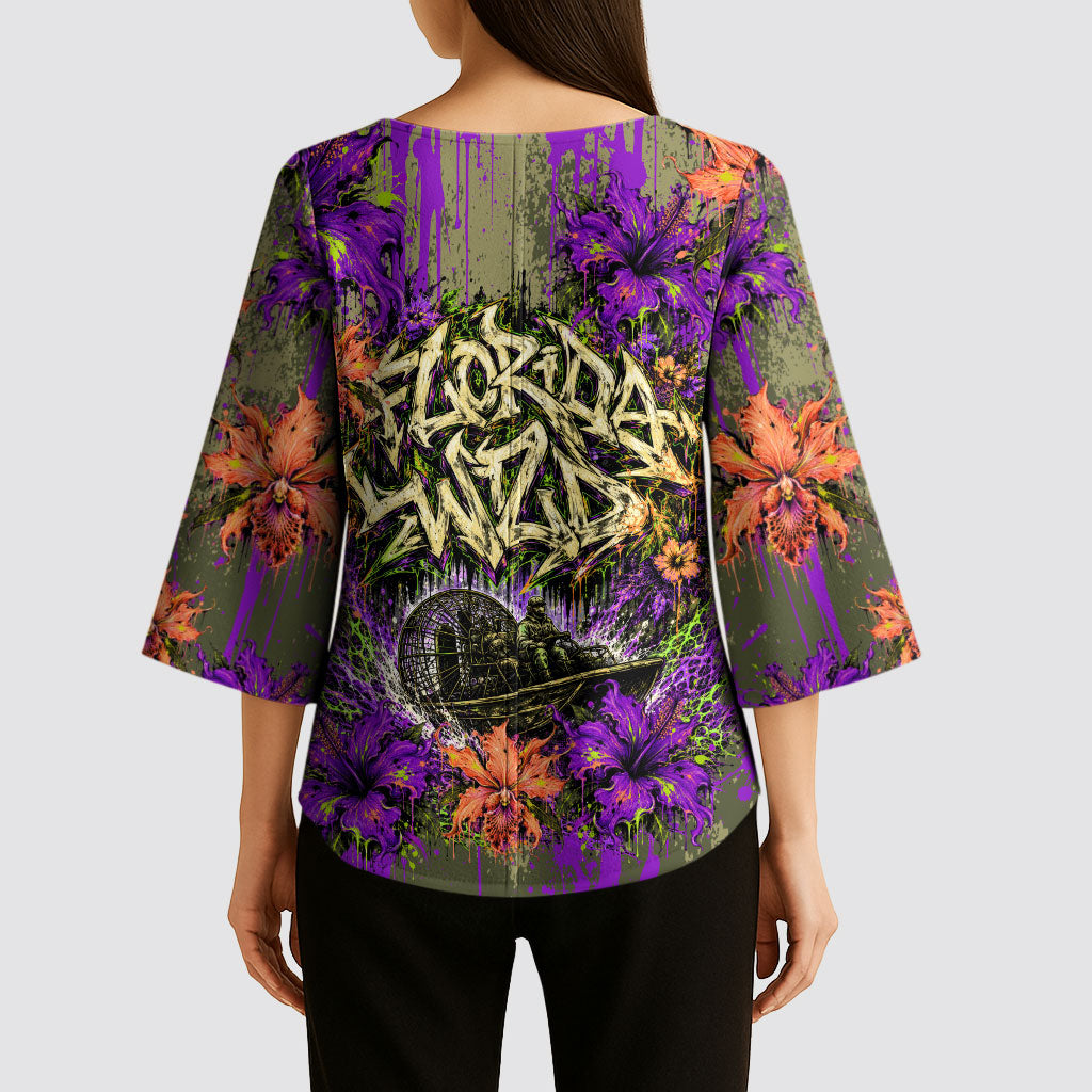 Florida Gator Wild Airboat Kimono Sleeve Blouse Tropical Hibiscus Floral Graffiti Paint Splatter Art