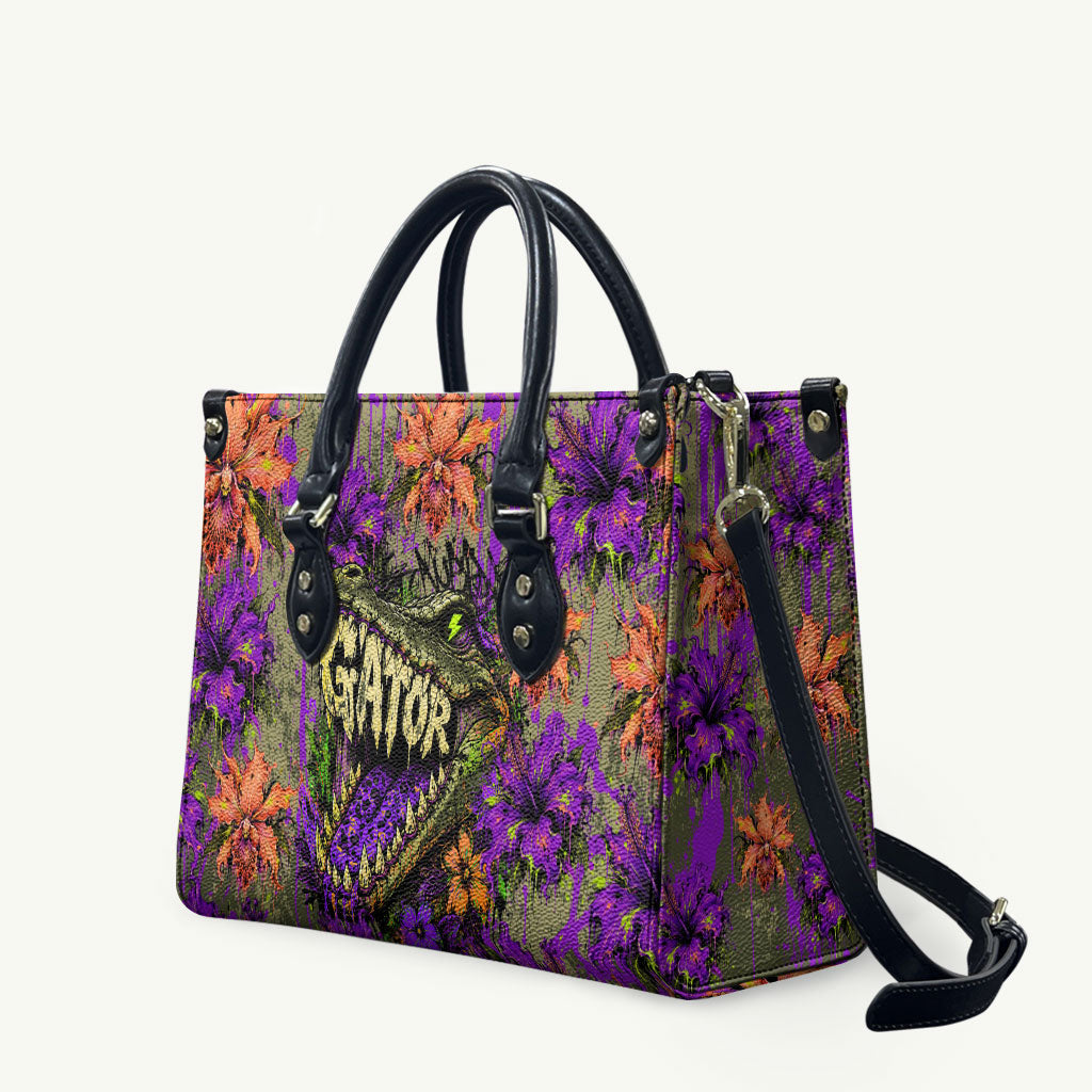 Florida Gator Wild Airboat Leather Bag Tropical Hibiscus Floral Graffiti Paint Splatter Art