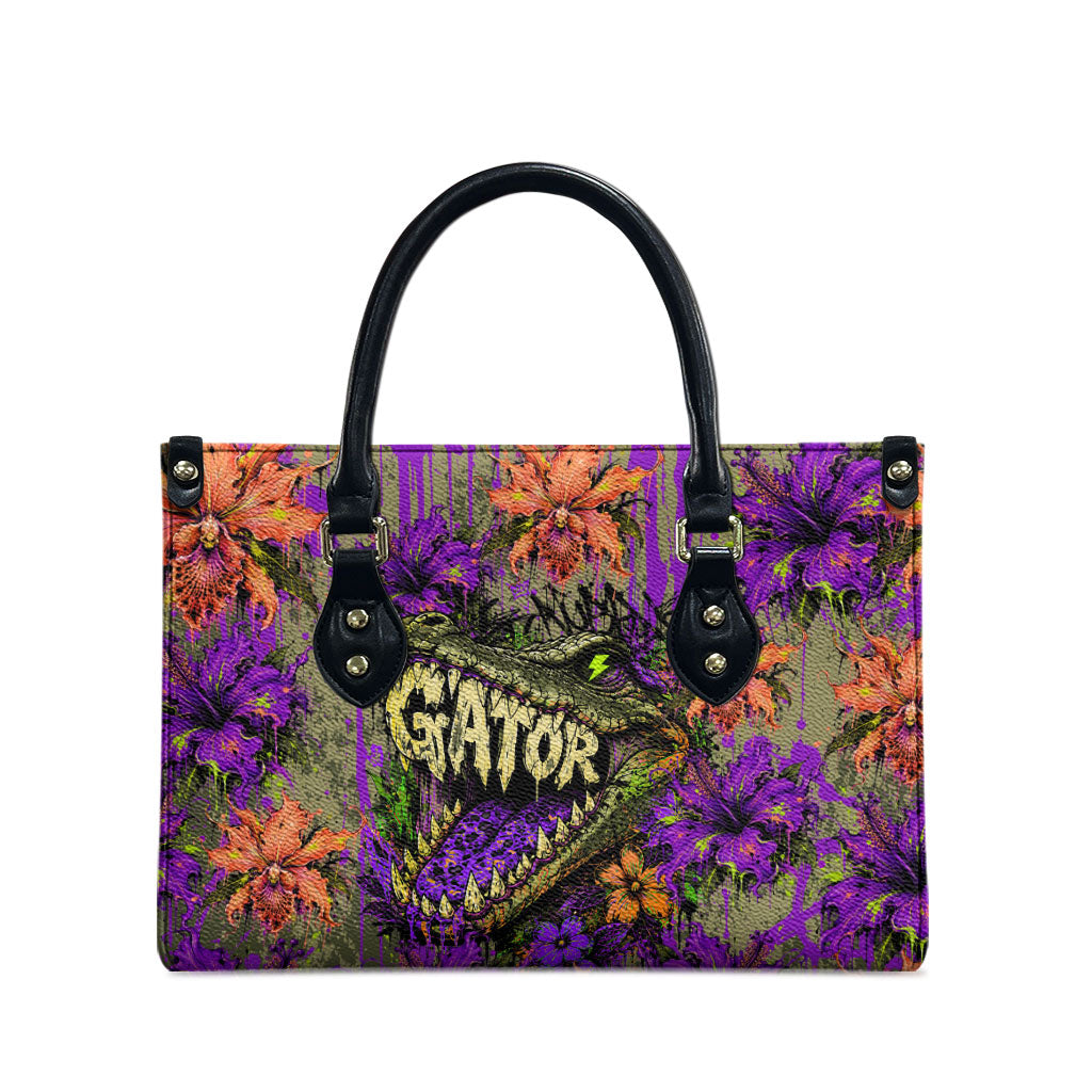 Florida Gator Wild Airboat Leather Bag Tropical Hibiscus Floral Graffiti Paint Splatter Art