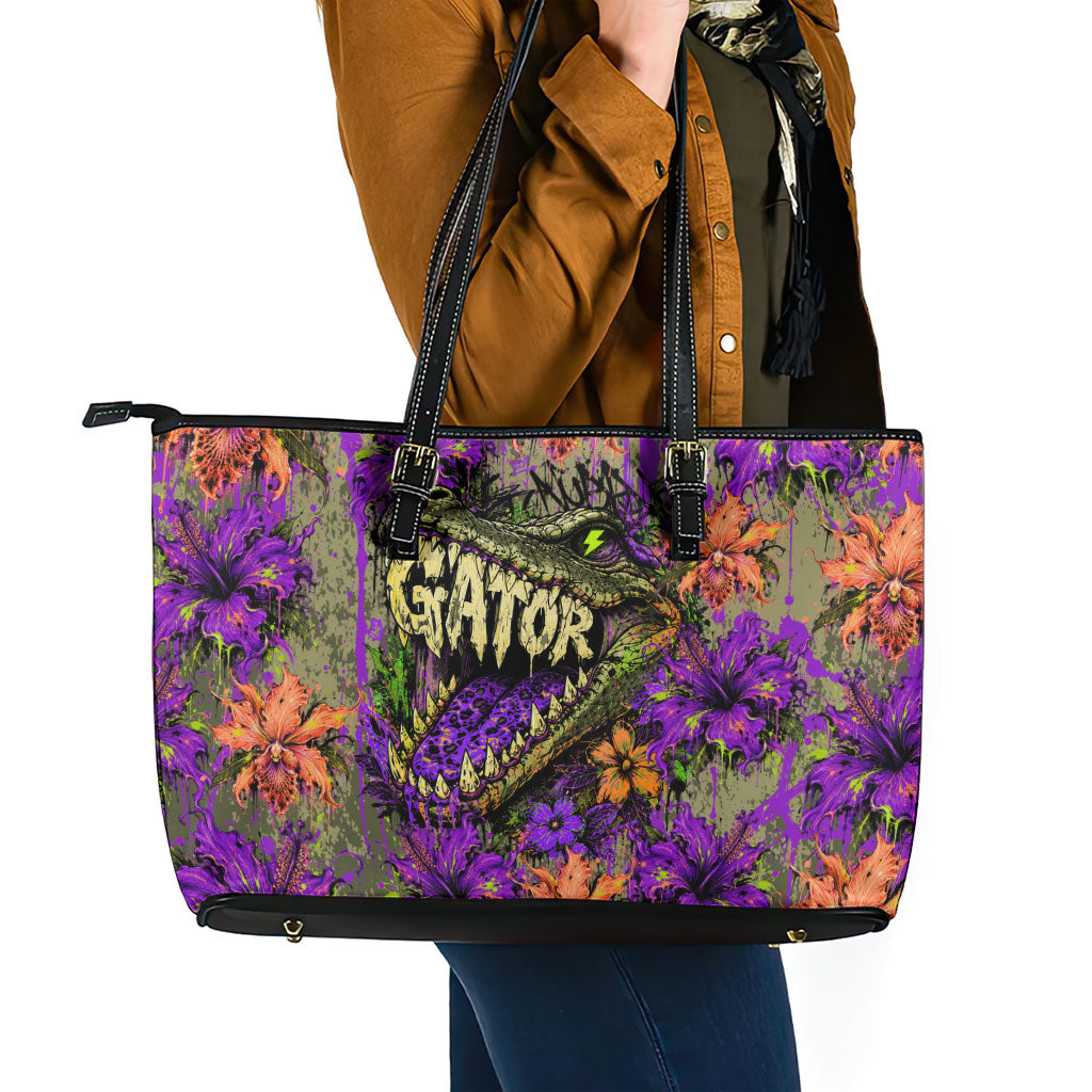 Florida Gator Wild Airboat Leather Tote Bag Tropical Hibiscus Floral Graffiti Paint Splatter Art