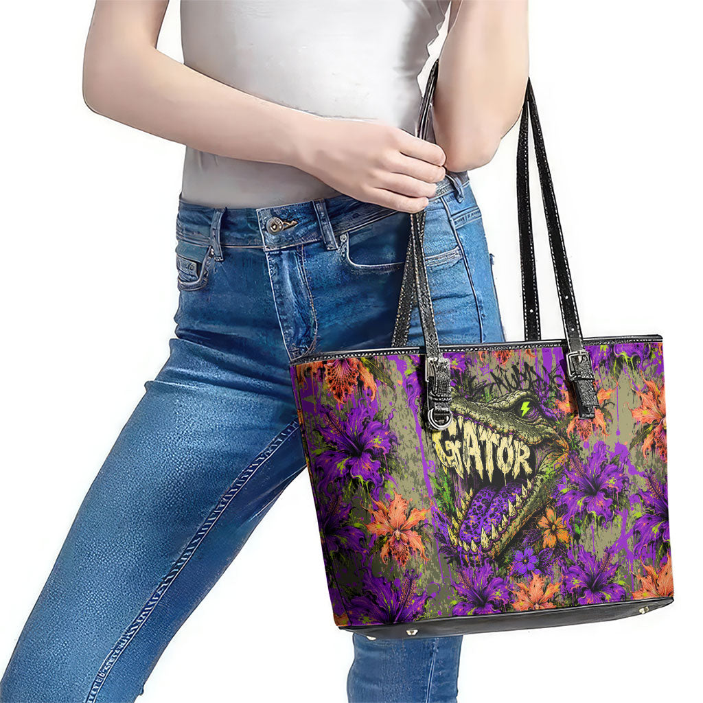 Florida Gator Wild Airboat Leather Tote Bag Tropical Hibiscus Floral Graffiti Paint Splatter Art