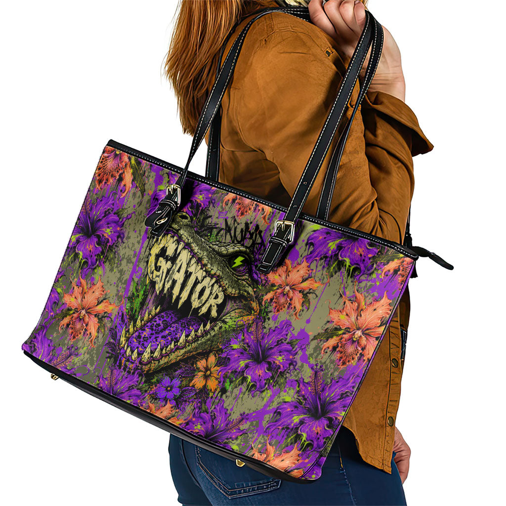Florida Gator Wild Airboat Leather Tote Bag Tropical Hibiscus Floral Graffiti Paint Splatter Art