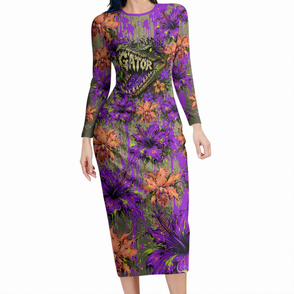 Florida Gator Wild Airboat Long Sleeve Bodycon Dress Tropical Hibiscus Floral Graffiti Paint Splatter Art