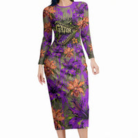 Florida Gator Wild Airboat Long Sleeve Bodycon Dress Tropical Hibiscus Floral Graffiti Paint Splatter Art