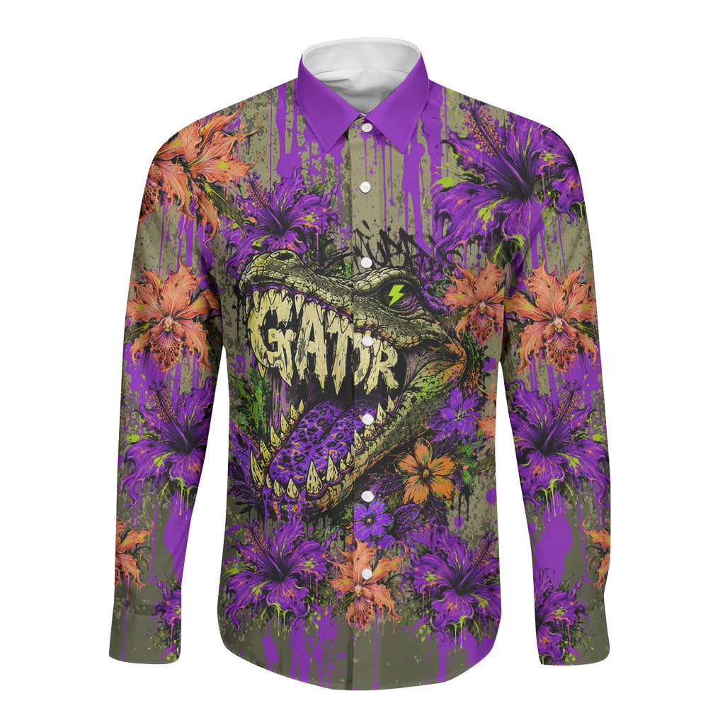 Florida Gator Wild Airboat Long Sleeve Button Shirt Tropical Hibiscus Floral Graffiti Paint Splatter Art