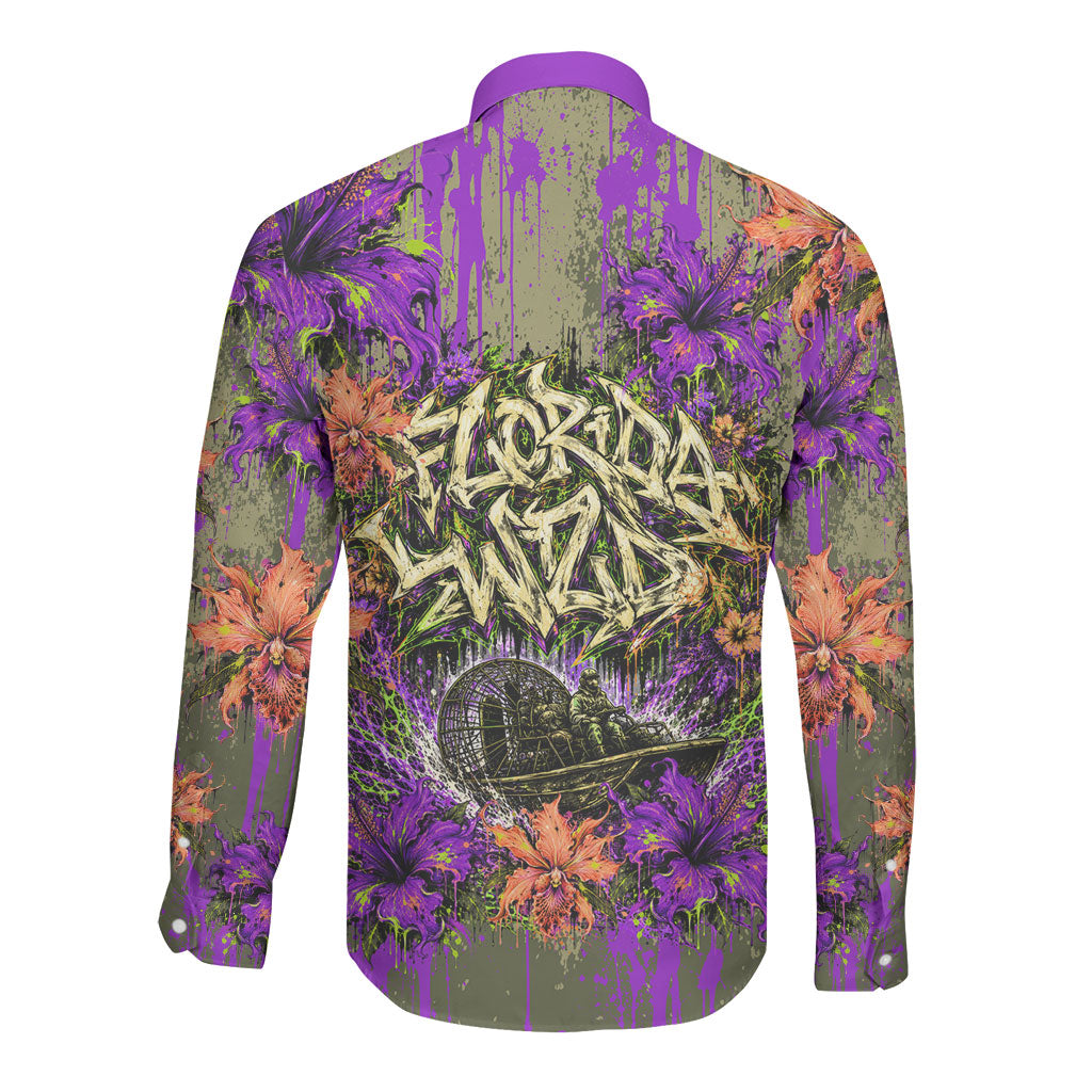 Florida Gator Wild Airboat Long Sleeve Button Shirt Tropical Hibiscus Floral Graffiti Paint Splatter Art