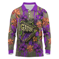 Florida Gator Wild Airboat Long Sleeve Polo Shirt Tropical Hibiscus Floral Graffiti Paint Splatter Art