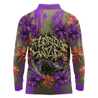 Florida Gator Wild Airboat Long Sleeve Polo Shirt Tropical Hibiscus Floral Graffiti Paint Splatter Art
