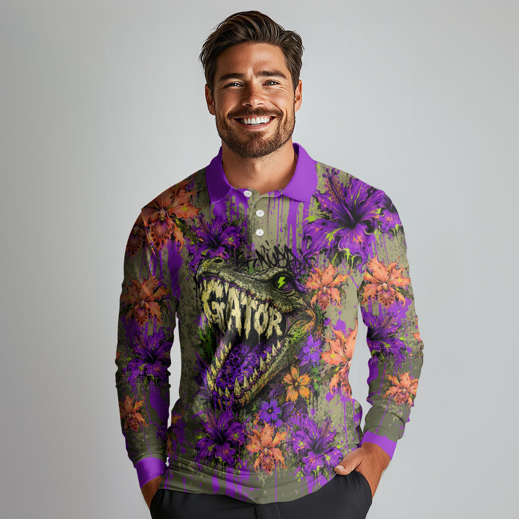 Florida Gator Wild Airboat Long Sleeve Polo Shirt Tropical Hibiscus Floral Graffiti Paint Splatter Art
