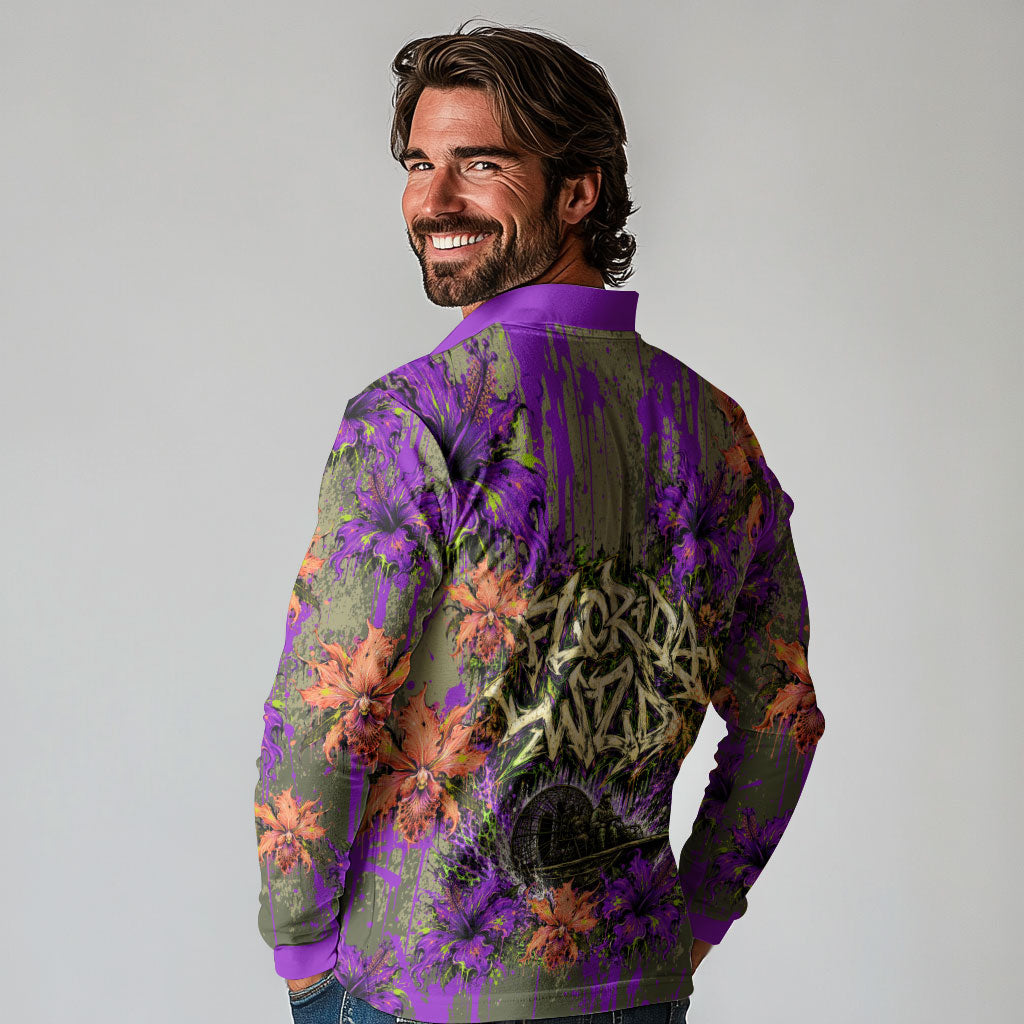 Florida Gator Wild Airboat Long Sleeve Polo Shirt Tropical Hibiscus Floral Graffiti Paint Splatter Art