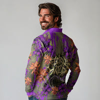 Florida Gator Wild Airboat Long Sleeve Polo Shirt Tropical Hibiscus Floral Graffiti Paint Splatter Art