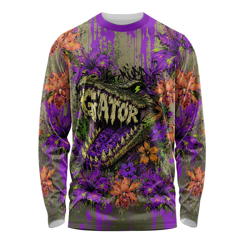 Florida Gator Wild Airboat Long Sleeve Shirt Tropical Hibiscus Floral Graffiti Paint Splatter Art