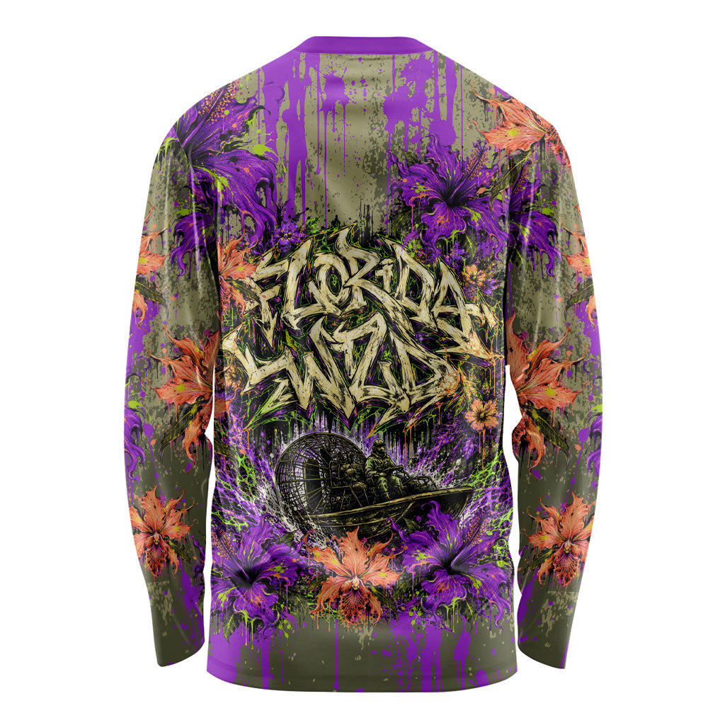 Florida Gator Wild Airboat Long Sleeve Shirt Tropical Hibiscus Floral Graffiti Paint Splatter Art