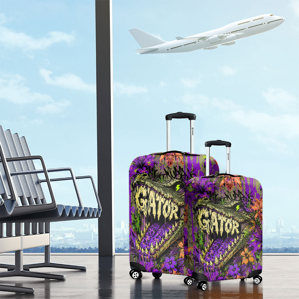 Florida Gator Wild Airboat Luggage Cover Tropical Hibiscus Floral Graffiti Paint Splatter Art