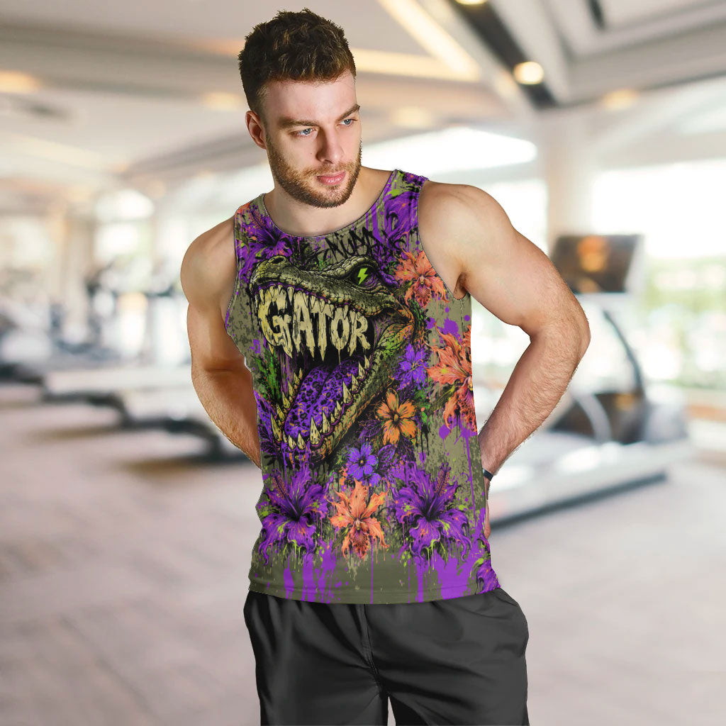 Florida Gator Wild Airboat Men Tank Top Tropical Hibiscus Floral Graffiti Paint Splatter Art