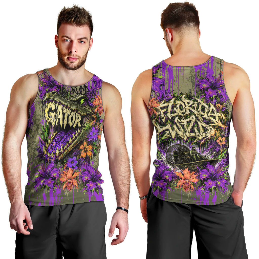 Florida Gator Wild Airboat Men Tank Top Tropical Hibiscus Floral Graffiti Paint Splatter Art