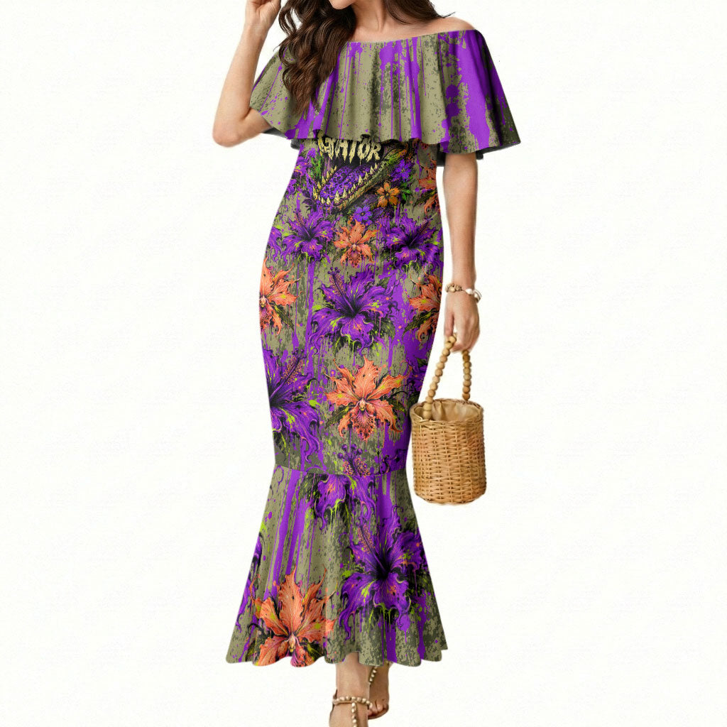 Florida Gator Wild Airboat Mermaid Dress Tropical Hibiscus Floral Graffiti Paint Splatter Art