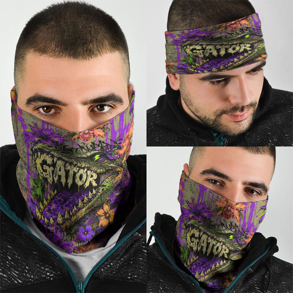 Florida Gator Wild Airboat Neck Gaiter Tropical Hibiscus Floral Graffiti Paint Splatter Art