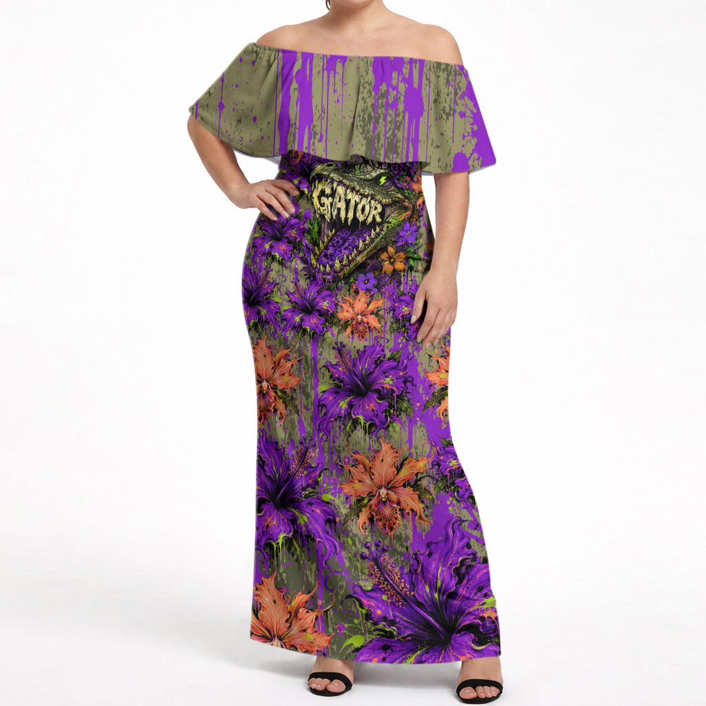 Florida Gator Wild Airboat Off Shoulder Maxi Dress Tropical Hibiscus Floral Graffiti Paint Splatter Art