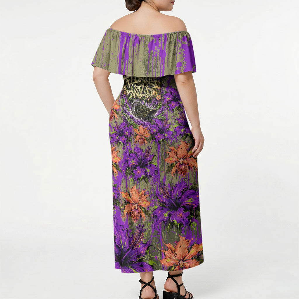 Florida Gator Wild Airboat Off Shoulder Maxi Dress Tropical Hibiscus Floral Graffiti Paint Splatter Art
