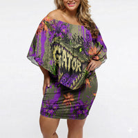 Florida Gator Wild Airboat Off Shoulder Short Dress Tropical Hibiscus Floral Graffiti Paint Splatter Art