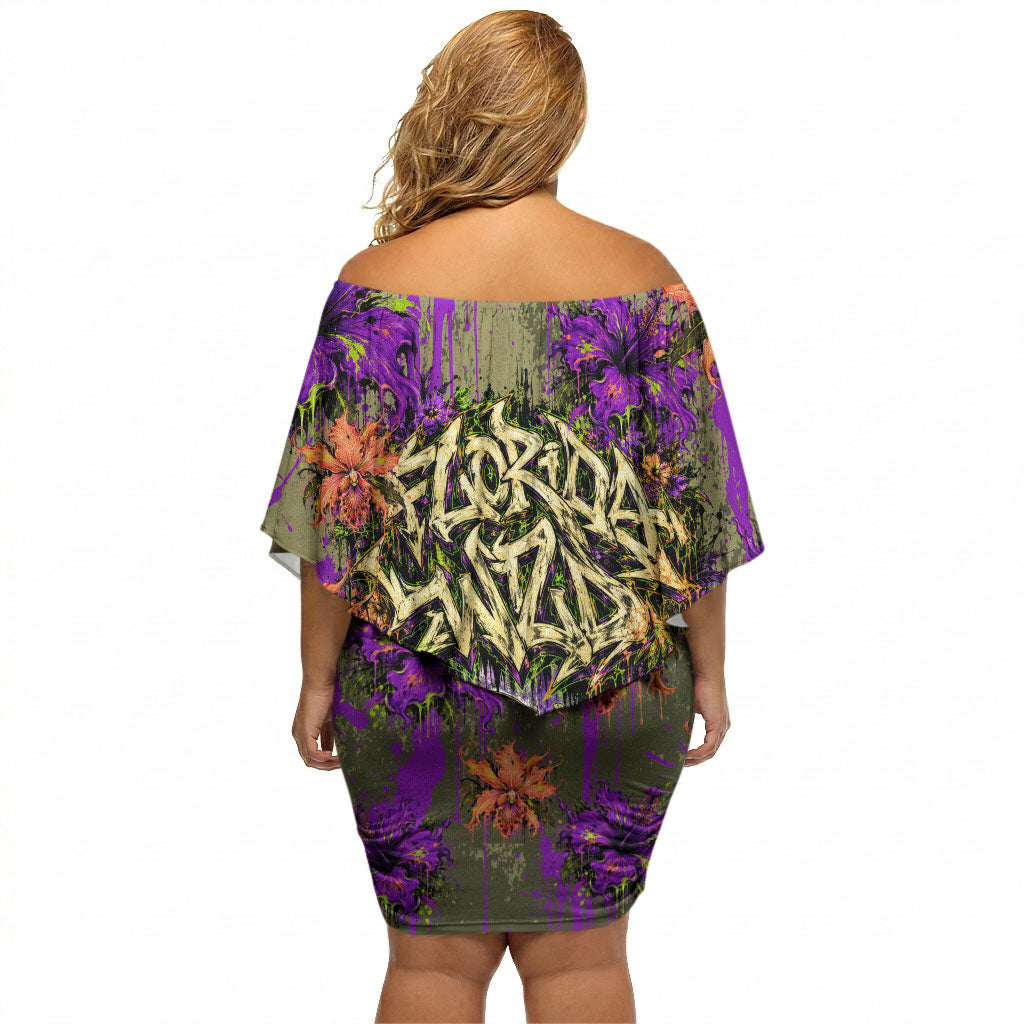 Florida Gator Wild Airboat Off Shoulder Short Dress Tropical Hibiscus Floral Graffiti Paint Splatter Art