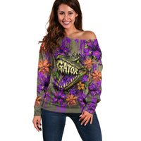 Florida Gator Wild Airboat Off Shoulder Sweater Tropical Hibiscus Floral Graffiti Paint Splatter Art