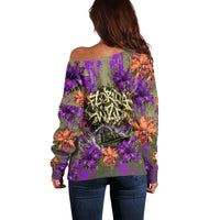 Florida Gator Wild Airboat Off Shoulder Sweater Tropical Hibiscus Floral Graffiti Paint Splatter Art