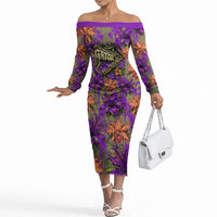 Florida Gator Wild Airboat Off The Shoulder Long Sleeve Dress Tropical Hibiscus Floral Graffiti Paint Splatter Art