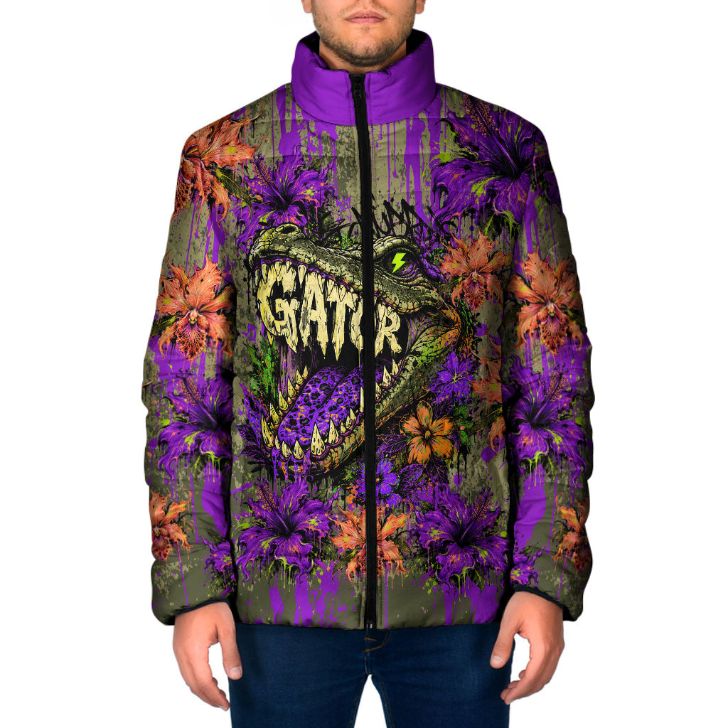 Florida Gator Wild Airboat Padded Jacket Tropical Hibiscus Floral Graffiti Paint Splatter Art