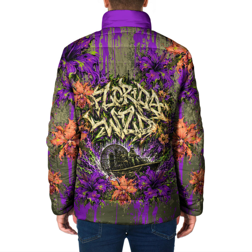 Florida Gator Wild Airboat Padded Jacket Tropical Hibiscus Floral Graffiti Paint Splatter Art