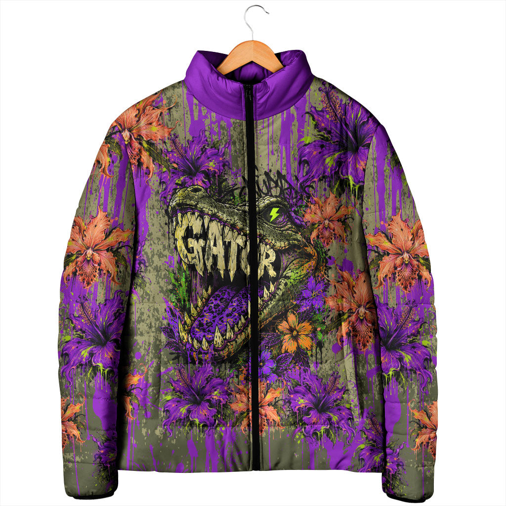 Florida Gator Wild Airboat Padded Jacket Tropical Hibiscus Floral Graffiti Paint Splatter Art