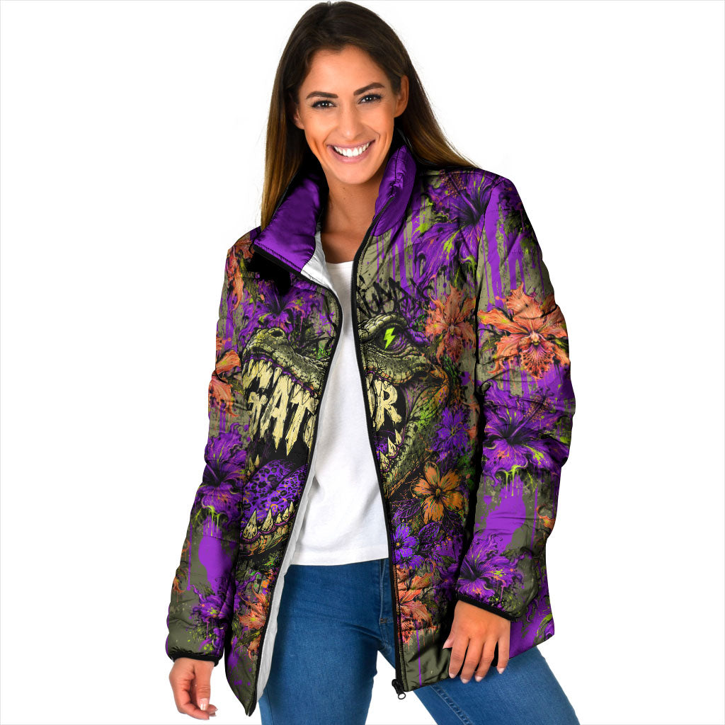 Florida Gator Wild Airboat Padded Jacket Tropical Hibiscus Floral Graffiti Paint Splatter Art