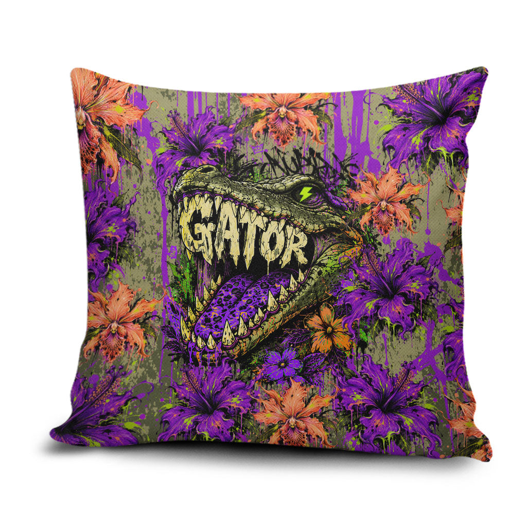 Florida Gator Wild Airboat Pillow Cover Tropical Hibiscus Floral Graffiti Paint Splatter Art