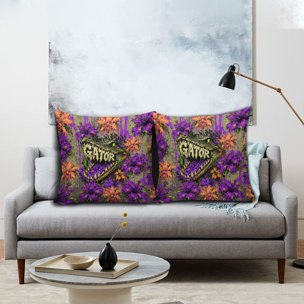 Florida Gator Wild Airboat Pillow Cover Tropical Hibiscus Floral Graffiti Paint Splatter Art