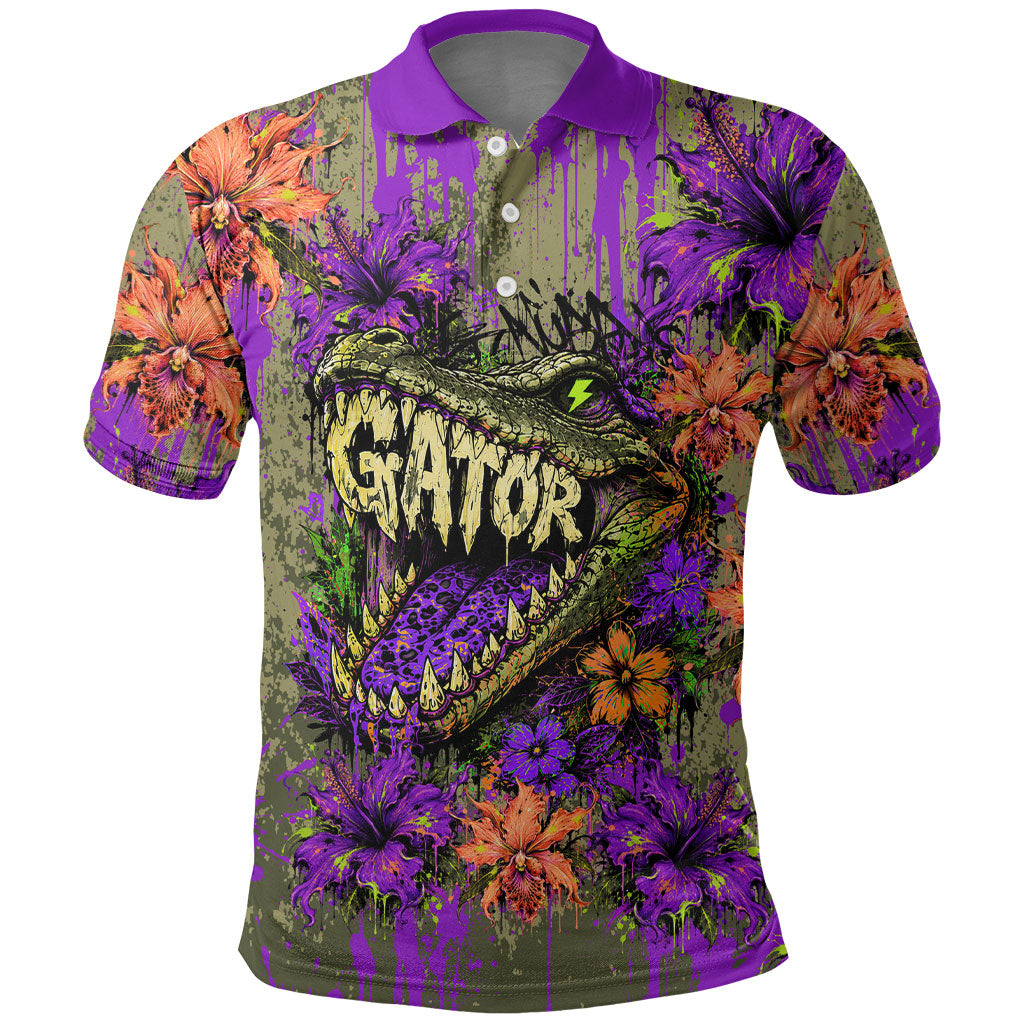 Florida Gator Wild Airboat Polo Shirt Tropical Hibiscus Floral Graffiti Paint Splatter Art