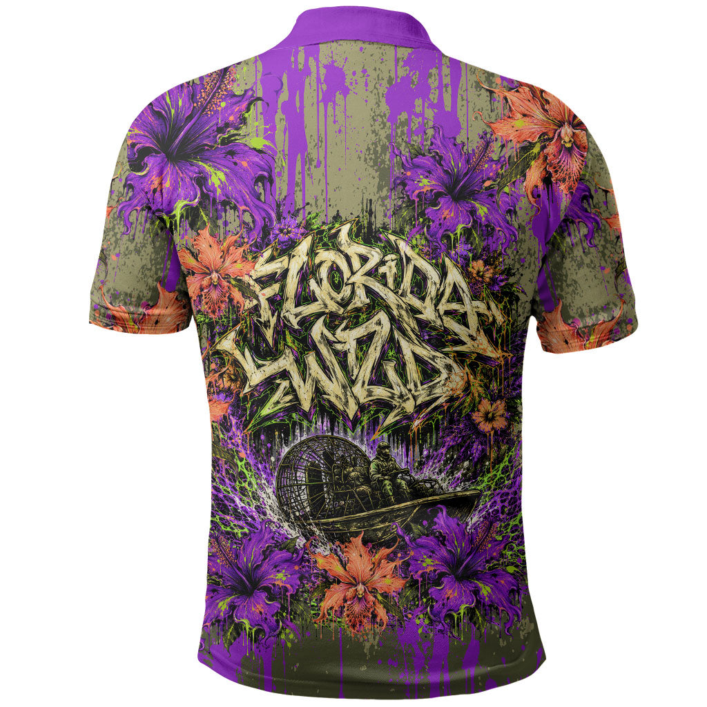 Florida Gator Wild Airboat Polo Shirt Tropical Hibiscus Floral Graffiti Paint Splatter Art