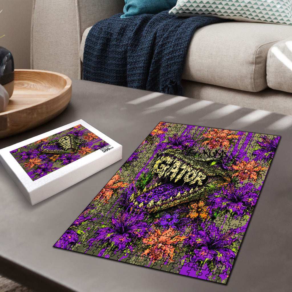Florida Gator Wild Airboat Puzzle Tropical Hibiscus Floral Graffiti Paint Splatter Art