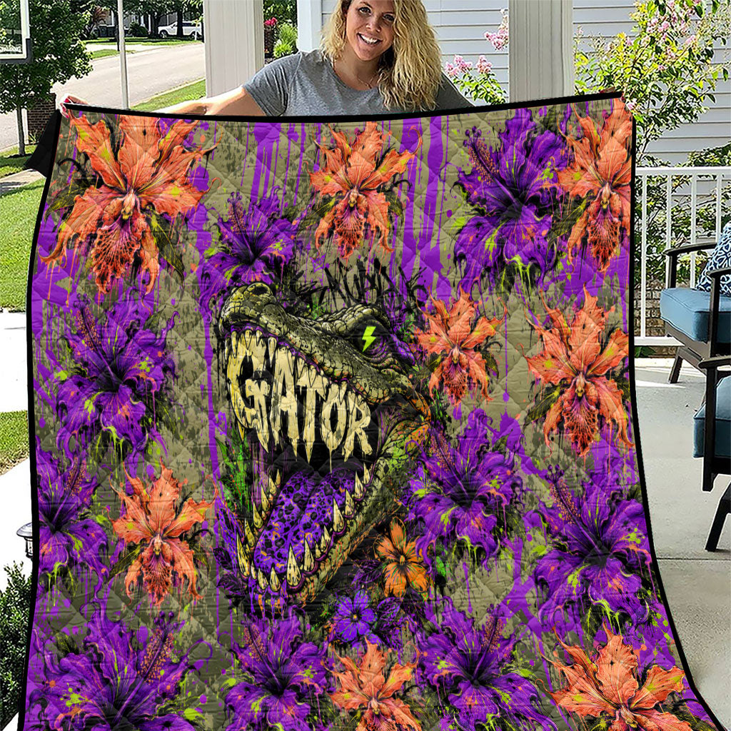 Florida Gator Wild Airboat Quilt Tropical Hibiscus Floral Graffiti Paint Splatter Art