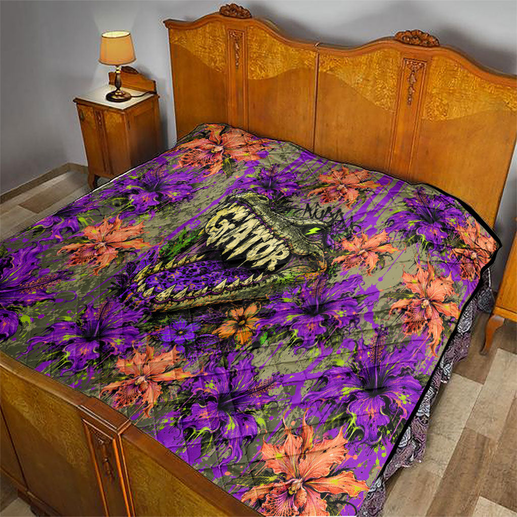 Florida Gator Wild Airboat Quilt Tropical Hibiscus Floral Graffiti Paint Splatter Art