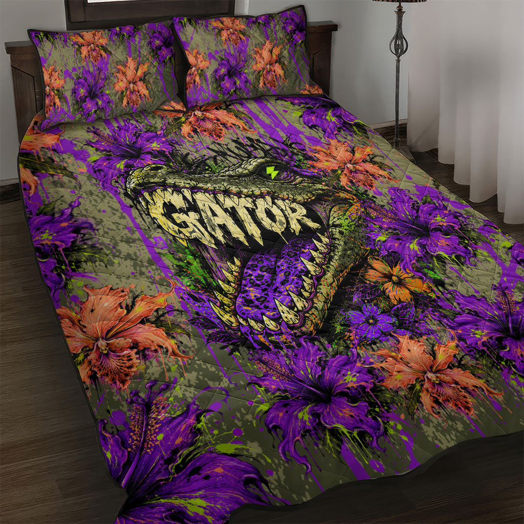 Florida Gator Wild Airboat Quilt Bed Set Tropical Hibiscus Floral Graffiti Paint Splatter Art