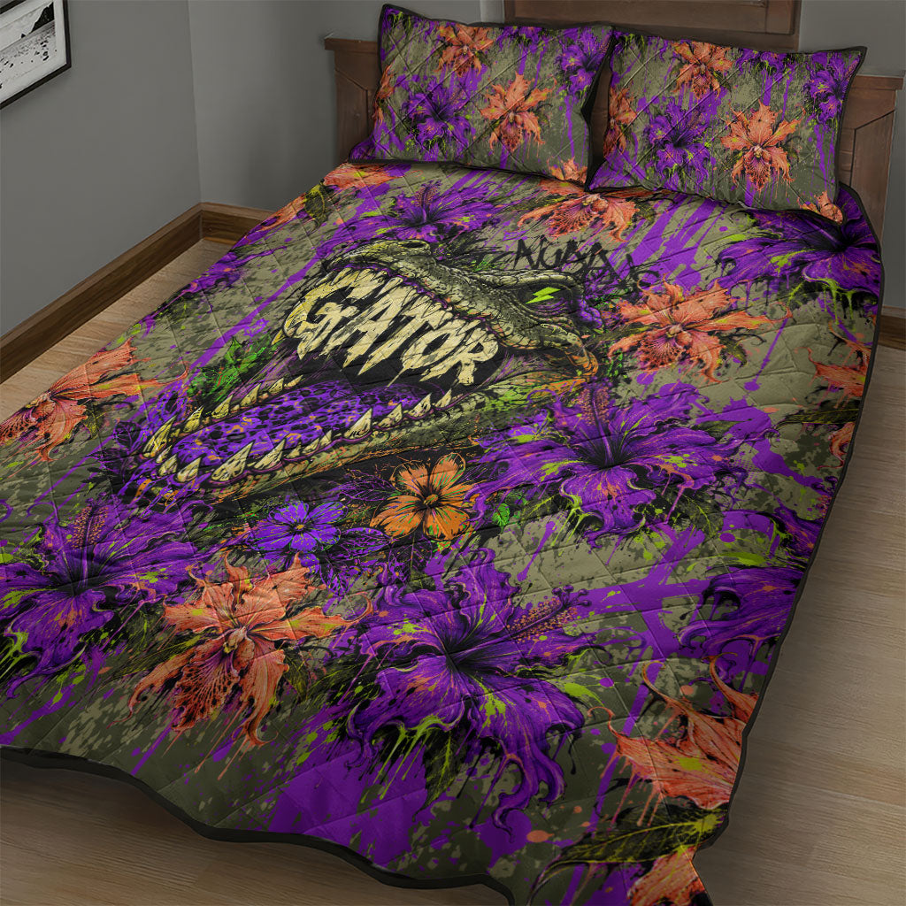 Florida Gator Wild Airboat Quilt Bed Set Tropical Hibiscus Floral Graffiti Paint Splatter Art